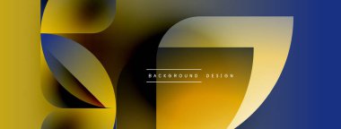 Soyut şekiller örtüşür, dinamik altın ve mavi gradyanlar yaratır. Modern tasarım öğeleri akıcılık, hareket, görsel ilgi.