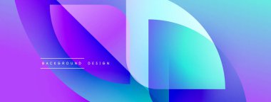 Soyut gradyanlar mor, mavi renkleri harmanlarlar. Üst üste binen şekiller dinamik görsel efekt yaratır. Arka planlar için modern tasarım ögesi.