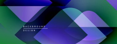 Soyut geometrik şekiller örtüşüyor, canlı renk eğimleri yaratıyor. Mor, yeşil, mavi renkler tasarımda baskın. Modern estetik.
