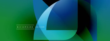 Soyut geometrik şekiller örtüşüyor, canlı renk eğimleri yaratıyor. Yeşil, mavi renkler tasarıma egemen, modern estetik.