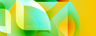 Soyut canlı tasarım, yarı saydam şekillerle örtüşen özellikler. Gradyan renkler düzgün bir şekilde karışır ve dinamik görsel efekt yaratır. Modern, temiz estetik.