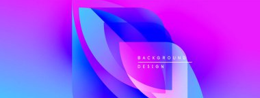 Soyut gradyanlar harmanlanır, canlı pembeler, maviler yaratır. Üst üste binen şekiller derinliği, modern tasarım elementlerini gösteriyor. Metin arkaplan tasarımı okur.