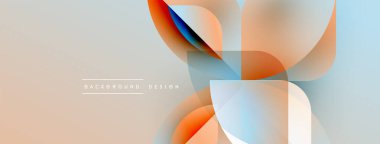 Soyut geometrik şekiller çakışıyor ve yumuşak eğimler yaratıyor. Açık turuncu, mavi renkler nötr arkaplana hakim. Minimalist tasarım unsurları.