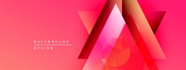 Soyut geometrik tasarım. Pembe gradyanlar, üst üste binen üçgenler, daireler modern görsel efektler yaratır. Minimalist metin mevcut.