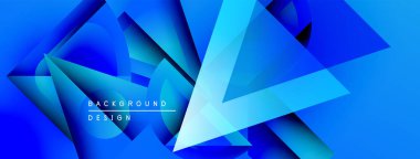 Soyut mavi geometrik şekiller dinamik arkaplan yaratır. Renkler derinliği, modern tasarım elementlerini gösteriyor.