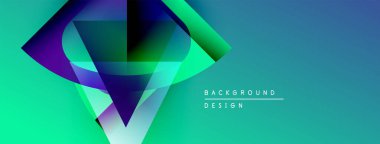 Soyut geometrik şekiller örtüşür, canlı gradyanlar yaratır. Teal, mor, yeşil renkler tasarımda baskın. Minimum metin arkaplan kavramını gösterir.