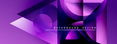 Soyut mor tasarım üst üste binen geometrik şekiller içerir. Renkler derinlik yaratır, modern estetik. Metin arkaplan tasarımı okur.