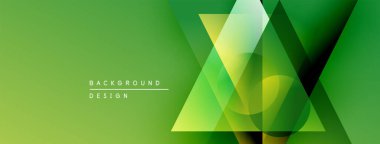 Soyut geometrik şekiller yeşil arkaplanla örtüşür. Modern tasarım, dinamik görsel etki yaratan yarı saydam üçgenler içerir. Minimalist stil.