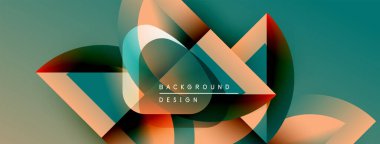 Soyut geometrik şekiller örtüşür, dinamik renkli kompozisyon yaratır. Teal, turuncu, kırmızı renkler düzgün bir şekilde karışır. Modern tasarım ögesi.