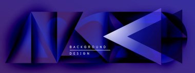 Soyut geometrik şekiller, mor renkler, modern tasarım. Arkaplan keskin açılar, ışık yansımaları, metin ögeleri içerir.