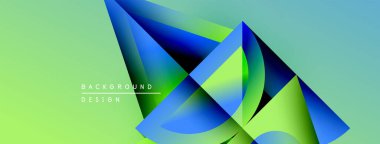 Soyut geometrik şekiller örtüşür, parlak mavi, yeşil eğimler yaratır. Arkaplanda metin arkaplan tasarımı var. Modern, dinamik görsel kompozisyon.
