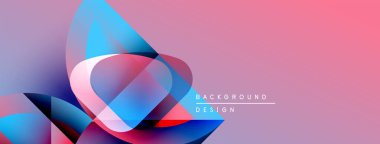 Soyut renkli şekiller örtüşür, dinamik görsel efekt yaratır. Pembe mor gradyan arka plan modern tasarımı güçlendirir.