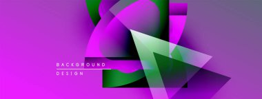 Soyut canlı tasarım, üst üste binen şekiller, gradyanlar. Mor, yeşil renkler kompozisyona hakim. Modern estetik, dinamik görsel etki.