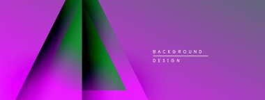 Soyut geometrik tasarım. Mor arkaplan özellikleri üst üste binen üçgen şekiller, gradyanlar, metin elemanları. Modern, minimalist estetik.