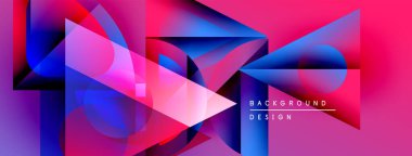 Soyut geometrik şekiller örtüşür, canlı pembeler, maviler, morlar yaratır. Modern tasarım elementleri dinamik bileşimi önerir.