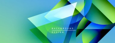 Soyut geometrik şekiller canlı mavileri, yeşillikleri harmanlarlar. Modern tasarım hareket, derinlik ve enerji öneriyor. Renkli kompozisyonu en aza indirgeyen metin.