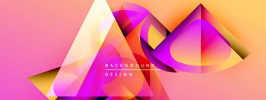 Soyut geometrik şekiller canlı pembeleri, sarıları, morları harmanlarlar. Modern tasarım dinamik görsel deneyim yaratır. Arkaplanda metin ögeleri.