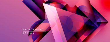 Soyut geometrik şekiller, canlı pembeler, morlar, kırmızılar dinamik bir zemin oluşturur. Modern tasarım, gradyanlar, üst üste binen formlar görsel ilgi sunar.