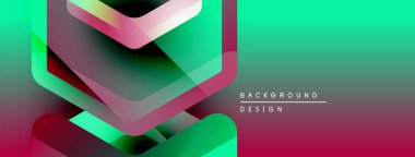 Soyut geometrik şekiller örtüşür, canlı gradyanlar yaratır. Tasarıma yeşil, pembe, mor renkler hakim. Modern estetik.