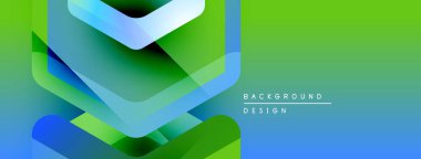Soyut geometrik şekiller örtüşüyor, canlı yeşil, mavi renkler yaratıyor. Modern tasarım elementleri yenilik ve teknoloji öneriyor. Metin arkaplan tasarımı okur.