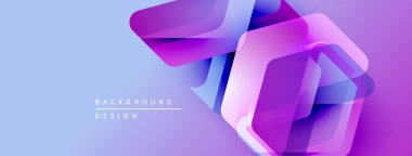 Soyut geometrik şekiller örtüşüyor, canlı mor ve mavi renkler yaratıyor. Arka plan hafif ışık efektleri, modern tasarım elementleri.
