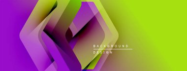 Canlı geometrik desen. Mor, yeşil renkler düzgün bir şekilde harmanlanır. Modern tasarım dinamik hareket, katmanlı şekiller öneriyor. Minimalist estetik.