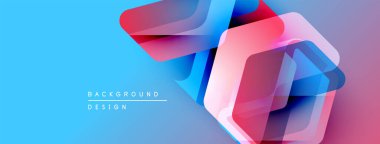 Soyut geometrik şekiller örtüşür, parlak mavi, pembe ve mor renkler yaratır. Arkaplan ve sunumlar için modern tasarım ögesi.