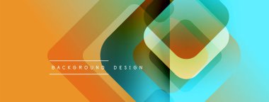 Soyut geometrik şekiller örtüşüyor, canlı renk eğimleri yaratıyor. Turuncu, deniz mavisi, sarı renkler tasarımda baskın. Modern estetik.
