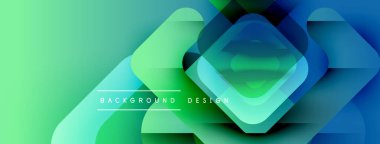 Soyut geometrik şekiller örtüşüyor, canlı yeşil, mavi renkler yaratıyor. Dijital projeler için modern tasarım ögesi.