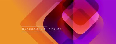 Soyut geometrik şekiller canlı turuncu, pembe ve mor renkleri harmanlarlar. Modern tasarım üst üste binen kareler, gradyanlar, metin ögeleri.