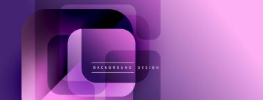 Soyut geometrik şekiller üst üste binerek canlı mor gradyan oluşturur. Metin, merkez kare içinde arkaplan tasarımı okuyor. Modern, minimalist estetik.