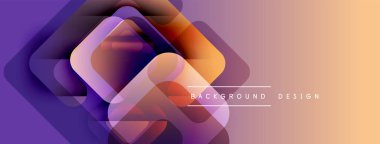 Soyut geometrik şekiller örtüşür, canlı bir değişim etkisi yaratır. Mor, turuncu renkler kompozisyona hakim. Modern tasarım ögesi.