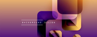 Soyut geometrik şekiller örtüşür, canlı bir gradyan arkaplan oluşturur. Mor, turuncu renkler tasarımda baskın, modern estetik..