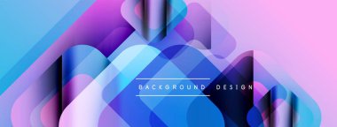 Soyut geometrik şekiller örtüşür, parlak mavi, mor ve pembe renkler yaratır. Arkaplan ve sunumlar için uygun modern tasarım.