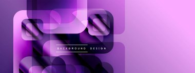 Soyut mor tasarım yuvarlak kareler, gradyanlar, üst üste binen şekiller içerir. Modern estetik dijital arkaplanlar ve sunumlar için uygundur.