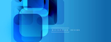 Soyut mavi geometrik şekiller kesişir. Modern tasarım katmanlı dikdörtgenler, gradyanlar, temiz çizgiler içerir. Minimalist estetik.