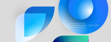 Soyut geometrik şekiller çakışıyor. Mavi gradyanlar tasarıma hakim, modern görsel efekt yaratıyorlar. Açık gri arkaplan karşıtlık sağlar.