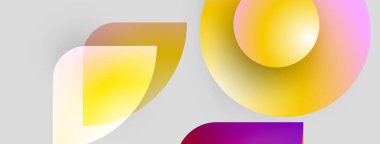 Soyut şekiller örtüşüyor, canlı renk değişimleri yaratıyor. Sarılar, morlar, pembeler açık gri arka planda karışıyor. Modern tasarım elemanları.