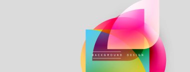 Soyut renkli şekiller örtüşür, dinamik görsel efekt yaratır. Arkaplan grafikleri, metin elemanları, modern tasarım estetiği.