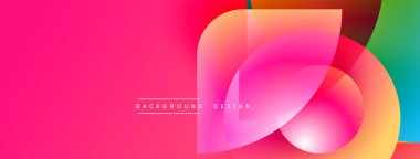 Parlak pembe arkaplan özellikleri yarı saydam şekilleri örtüyor. Gradyan renkler harmanlanır, modern soyut tasarım oluşturulur. Metin arkaplan tasarımı okur.