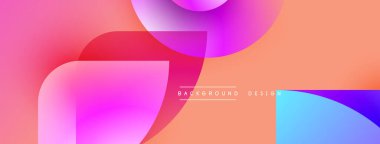 Soyut gradyanlar harmanlanır, canlı şekiller yaratır. Pembe, turuncu, mavi renkler kompozisyona hakim. Modern tasarım ögesi.