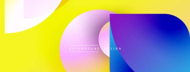 Soyut renkli şekiller sarı arkaplan ile örtüşüyor. Gradyan renkler modern görsel efekt yaratır. Tasarım pürüzsüz geçişler, canlı tonlar içerir.