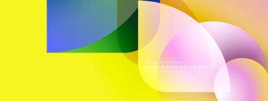 Soyut geometrik şekiller çakışıyor. Sarı baskın, pembe, yeşil, mavi aksanlı. Modern tasarım, canlı renkler dinamik kompozisyon oluşturur.