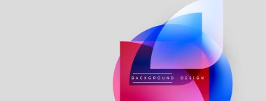 Soyut tasarım özellikleri üst üste binen renkli şekiller. Kırmızı, mavi, beyaz gradyanlar modern görsel efekt yaratır. Metin arkaplan tasarımı okur.