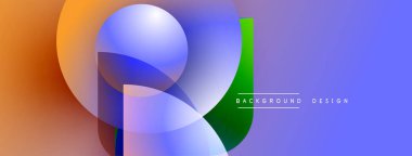 Soyut şekiller harmanlanır, canlı gradyanlar yaratır. Mavi küre bileşimi domine eder, turuncu daire dizaynı tamamlar. Yeşil dikdörtgen karşıtlık ekler.