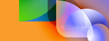 Soyut renkli şekiller çakışıyor. Turuncu sol tarafa, mavi ve mor sağa hakim. Modern tasarım elementleri dinamik görsel efekt yaratır.