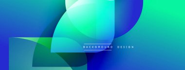 Soyut arkaplan özellikleri üst üste binen daireler, gradyanlar. Mavi, turkuaz, yeşil renkler dinamik görsel efekt yaratır. Modern tasarım ögesi.