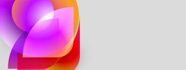 Soyut şekiller örtüşüyor, canlı renk değişimleri yaratıyor. Pembe, mor, turuncu renkler gri arka planda baskın gelir. Modern tasarım.