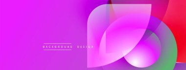 Canlı pembe arkaplan özellikleri yarı saydam şekilleri örtüyor. Gradyan renkler modern soyut tasarım yaratır. Metin arkaplan tasarımı okur.