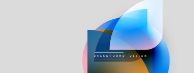 Soyut geometrik şekiller örtüşür, canlı renk karışımları yaratır. Metin elementli minimalist tasarım. Modern estetik.